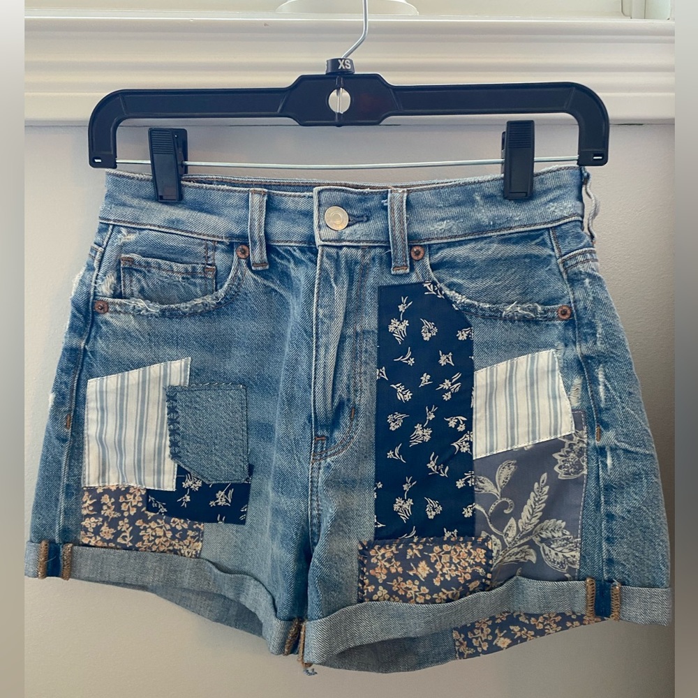 American Eagle Patched Patterned Denim Shorts